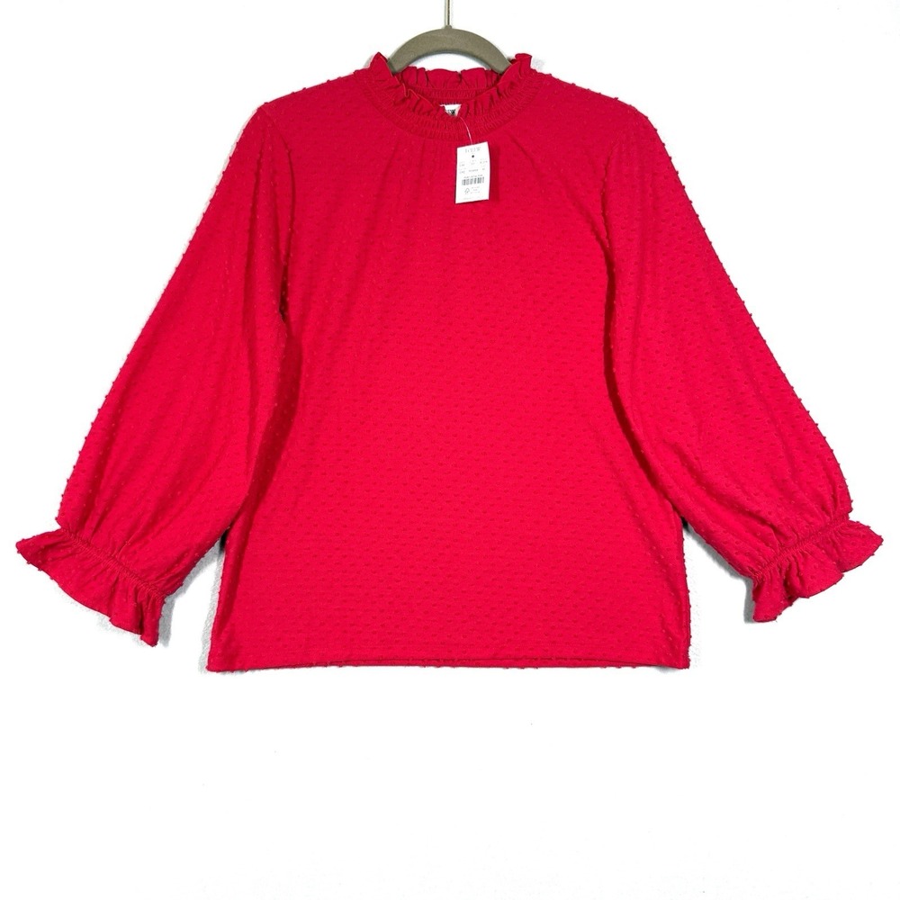 J Crew Top Womens Medium Clip Dot Ruffle Smocked Neck Long Sleeve Blouse Red NWT
